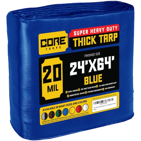Core Tarps Heavy Duty Tarp, 64 ft L x 0.5 mm H x 24 ft W, 20 Mil, Blue, Polyethylene CT-705-24X64 - main